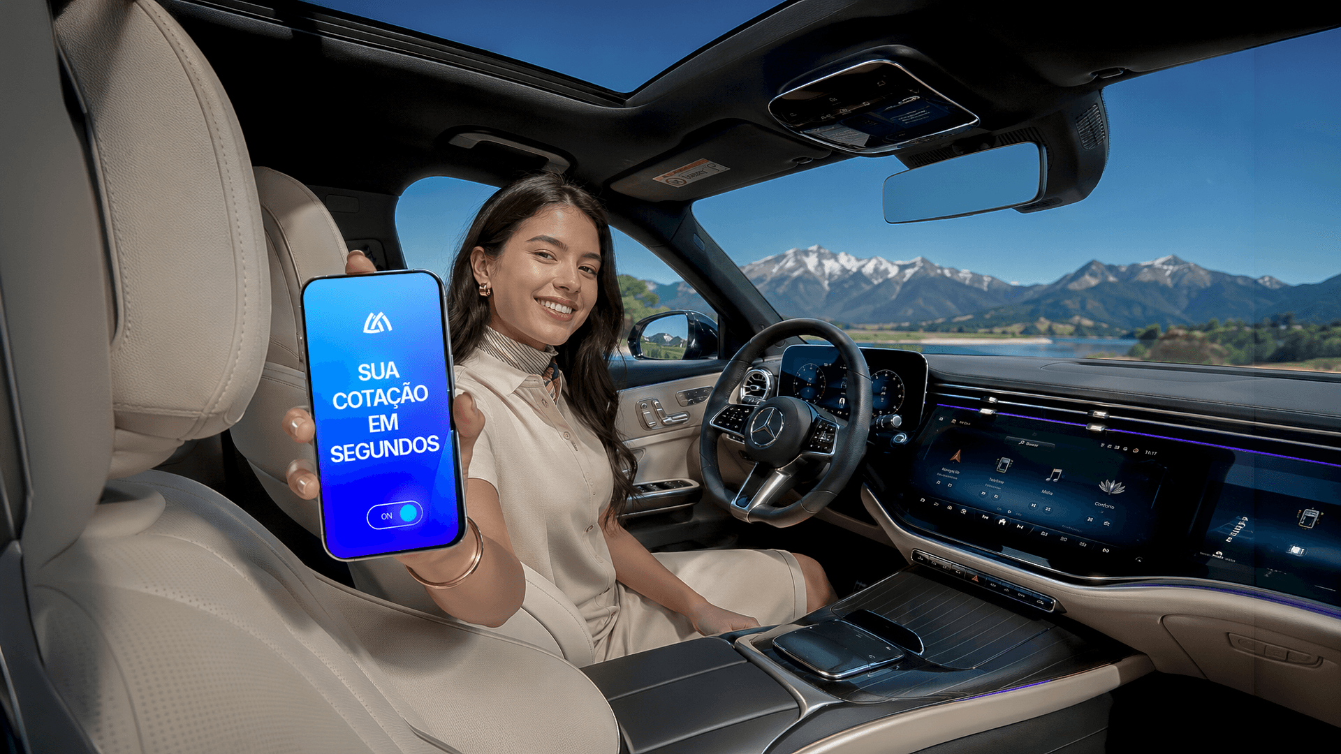 Banner Madalozzo Seguros: cliente no carro mostrando o app com a mensagem Sua cotação em segundos